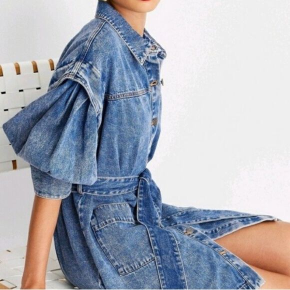 Future Collective Kahlana Barfield Brown Puff Sleeve Denim Dress Size 16W/18W - Picture 3 of 11